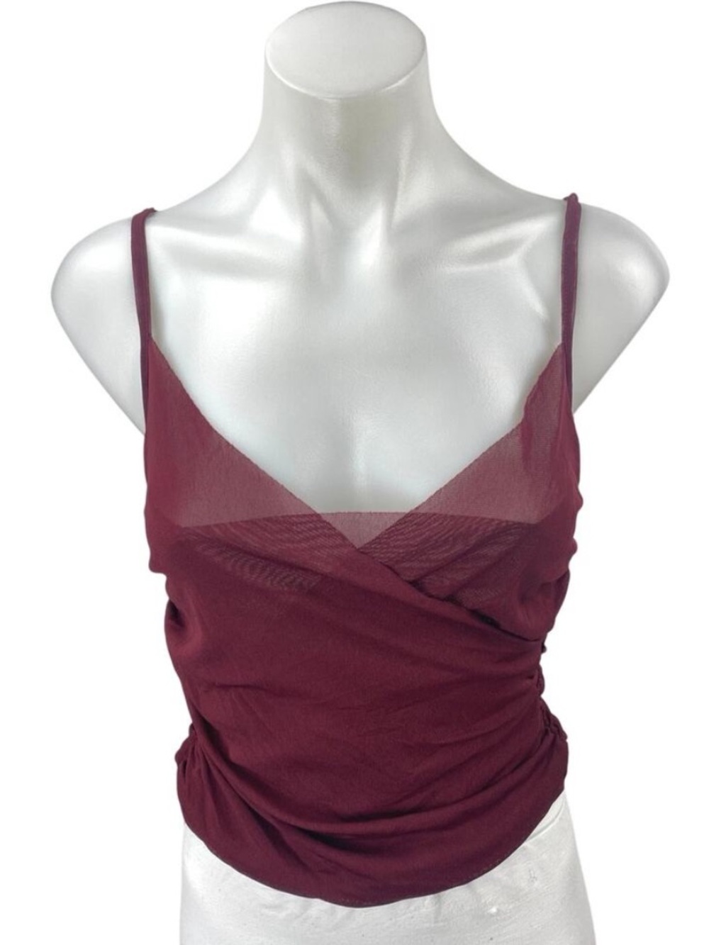 Free People Sheer Maroon Ruched Sleeveless Cami Camisole Mesh Cropped Tank XS